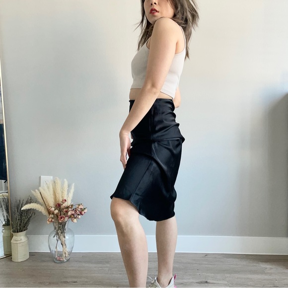 Black Midi Slip Skirt, Silk Blended Skirt, Satin Black Silk Skirt, 90s slip - Picture 11 of 12